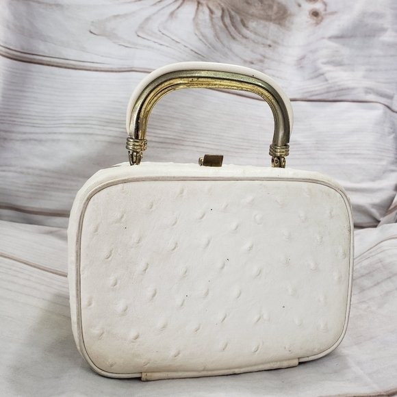 Vintage Lou Taylor Off White Ostrich Leather Handbag Purse 1950s Double Handle - Picture 1 of 14
